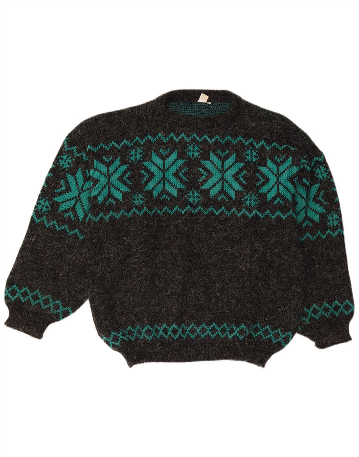 Vintage Herren-Pullover mit U-Boot-Ausschnitt, groß, graue Fair-Isle-Wolle