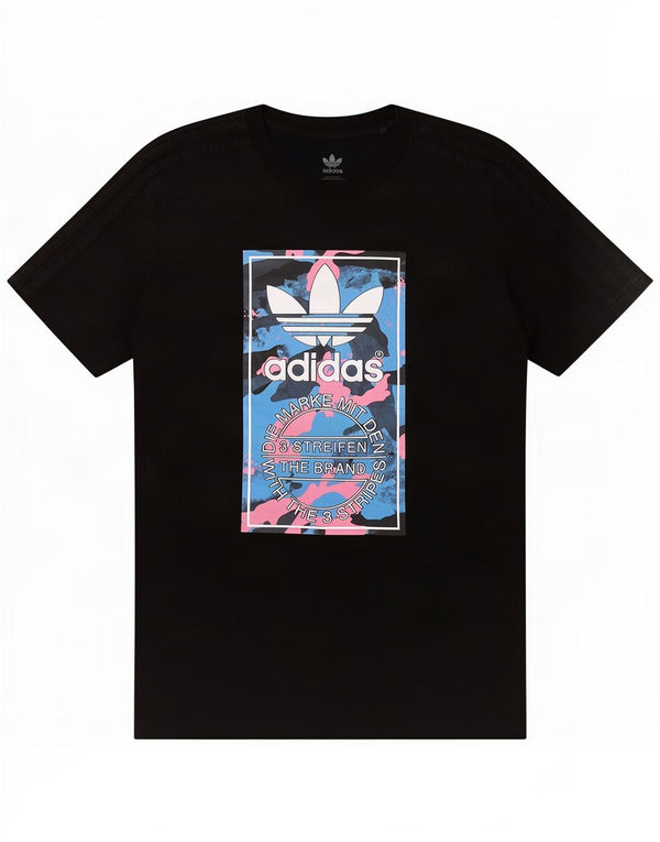 Adidas Jungen T-Shirt mit drei Streifen, Grafik, 13–14 Jahre, schwarze Baumwolle