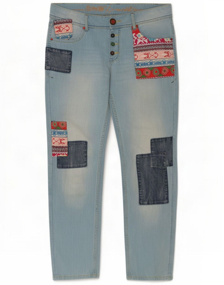 Desigual Damen Slim Jeans W30 L28 Blaue Patchwork-Baumwolle