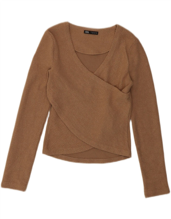 Zara Damen Crop Top Langarm UK 8 Small Braun Polyester