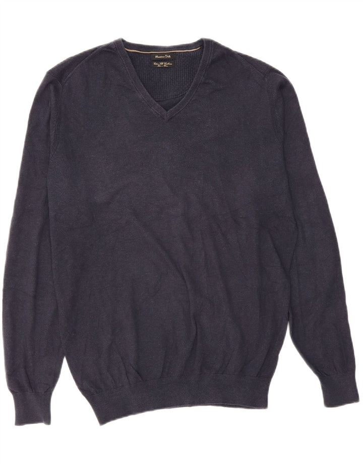 MASSIMO DUTTI Herren-Pullover mit V-Ausschnitt, groß, marineblaue Baumwolle