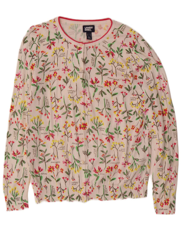 Lands End Damen-Cardigan-Pullover UK 14 Mittelweiße geblümte Baumwolle