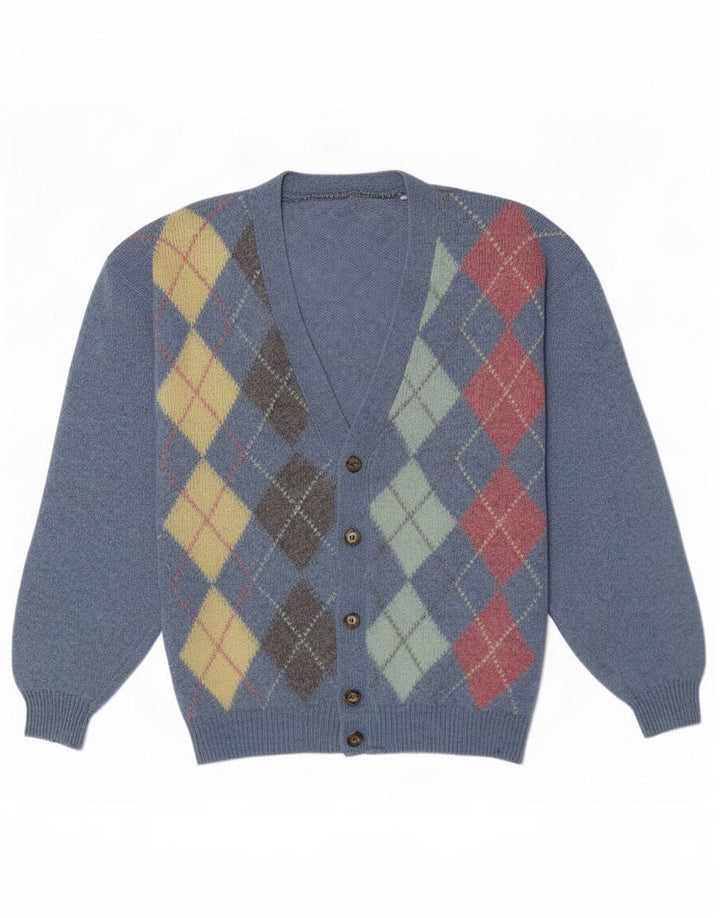 Vintage Herren Cardigan Pullover Groß Blau Argyle/Diamant