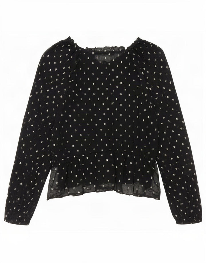 Zara Damen Langarm-Blusenoberteil UK 14 Mittelschwarz geflecktes Polyester