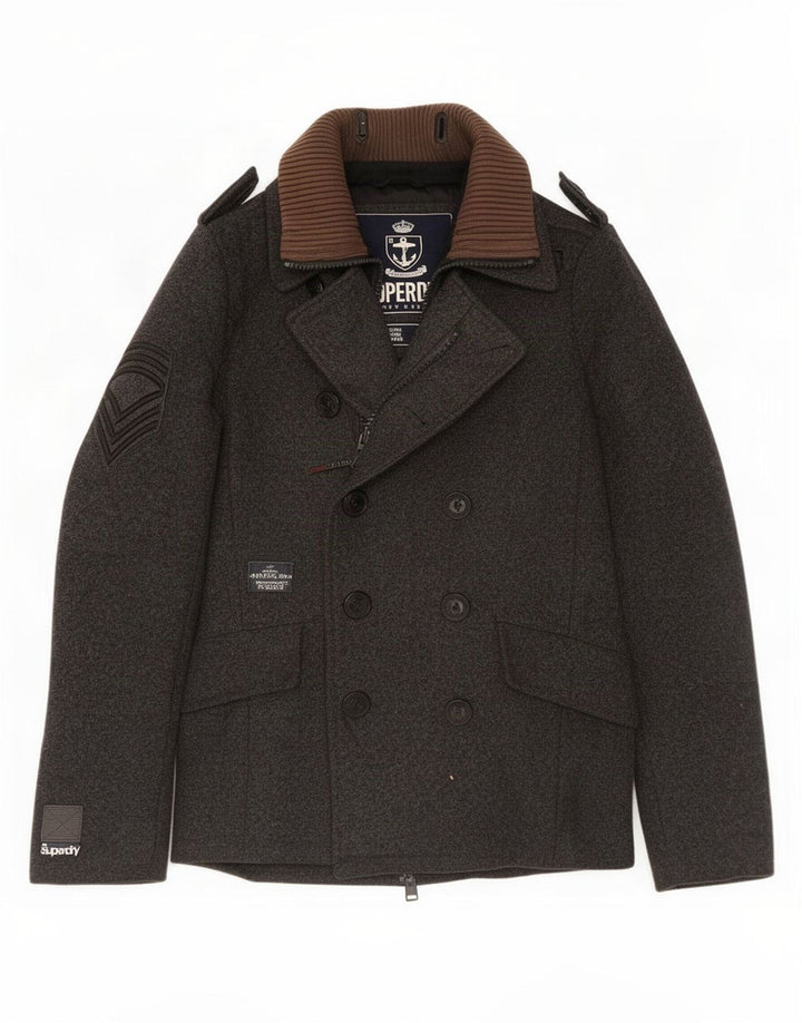 Superdry Herren Pea Coat UK 38 Mittelgraue Wolle