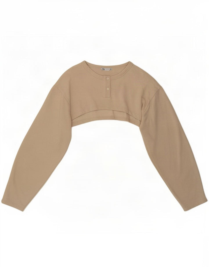 Zara Damen Langarm-Crop-Top UK 14 Medium Beige
