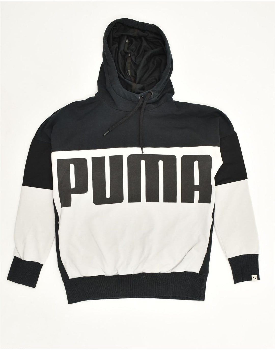 PUMA Womens Graphic Hoodie Jumper UK 10 Small Black Colourblock Cotton | Vintage Puma | Thrift | Second-Hand Puma | Used Clothing | Messina Hembry 