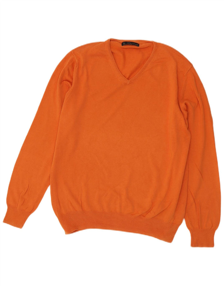 Zara Herren-Pullover mit V-Ausschnitt, groß, orange Baumwolle