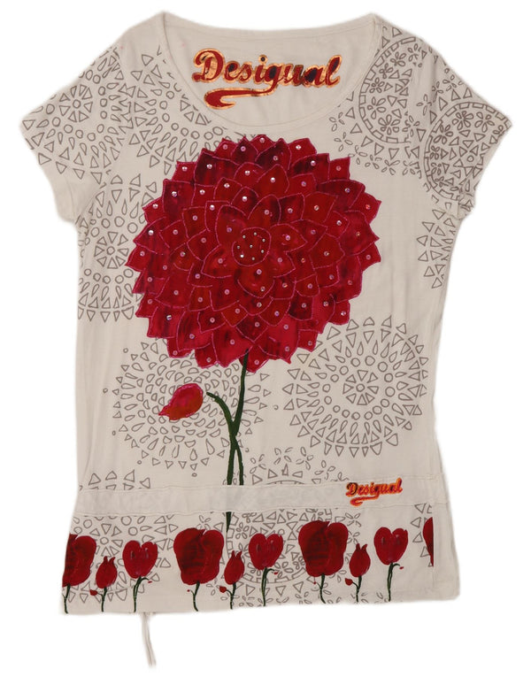 Desigual Womens Graphic Bluse Top UK 18 XL weiß geblümt