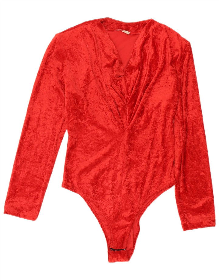 Vintage Damen Samt Bodysuit UK 14 Mittelrote Baumwolle