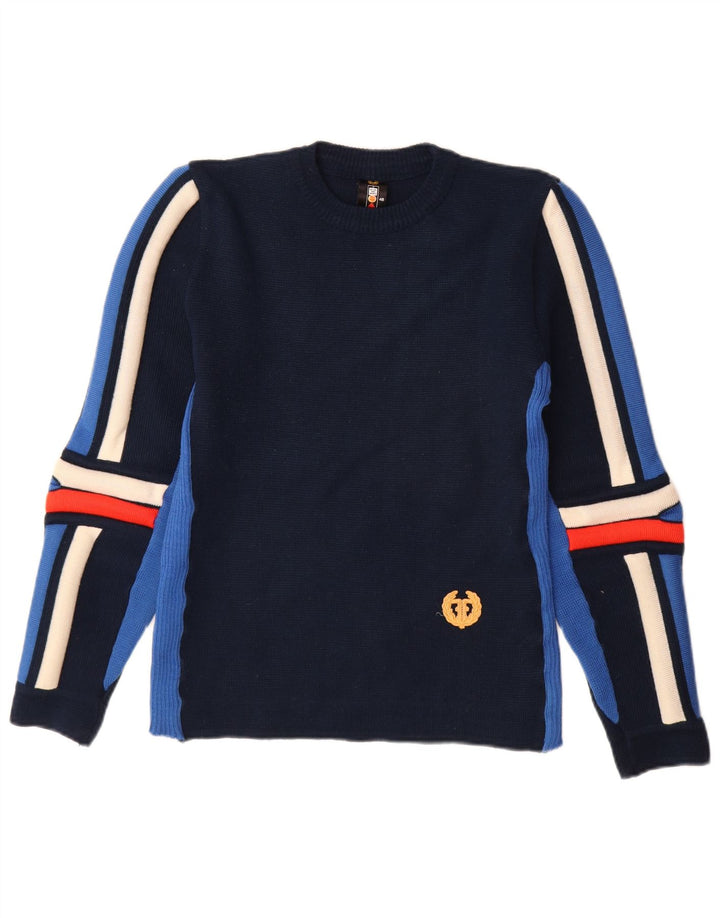 Vintage Herren Pullover mit Rundhalsausschnitt IT 48 Medium Navy Blue Colourblock