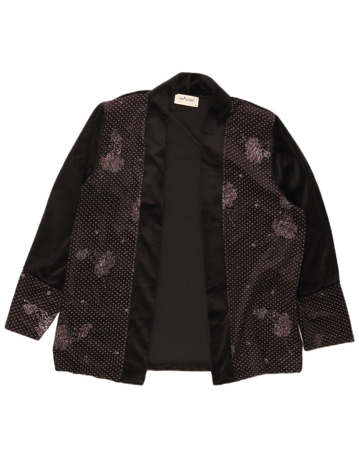 Vintage Damen offene Blazerjacke UK 14 Medium Schwarz Floral Polyester