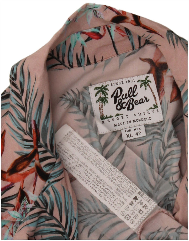 PULL & BEAR Herren Kurzarmhemd XL Rosa Blumen Viskose Hawaiianisch