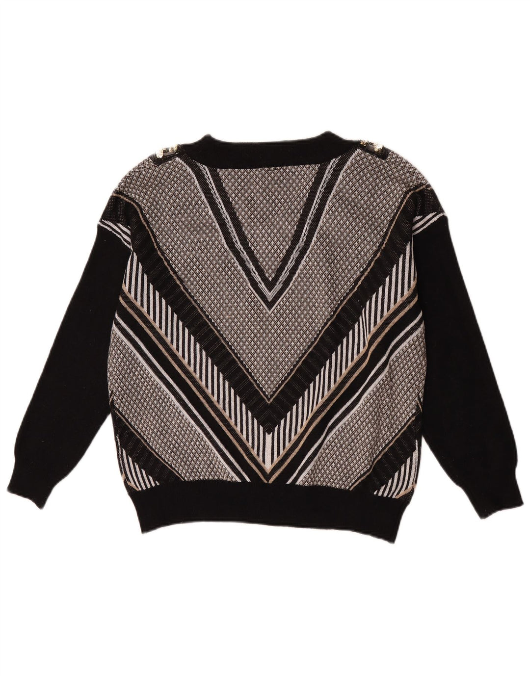 Vintage Damen V-Ausschnitt Pullover Pullover UK 14 Großes schwarz gestreiftes Polyester
