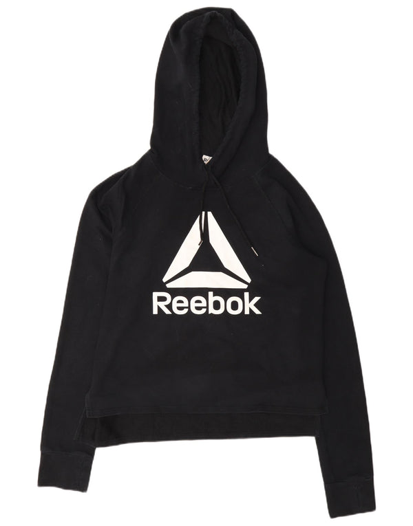 Reebok Damen Crop Graphic Hoodie Pullover UK 10 Small Schwarz Baumwolle