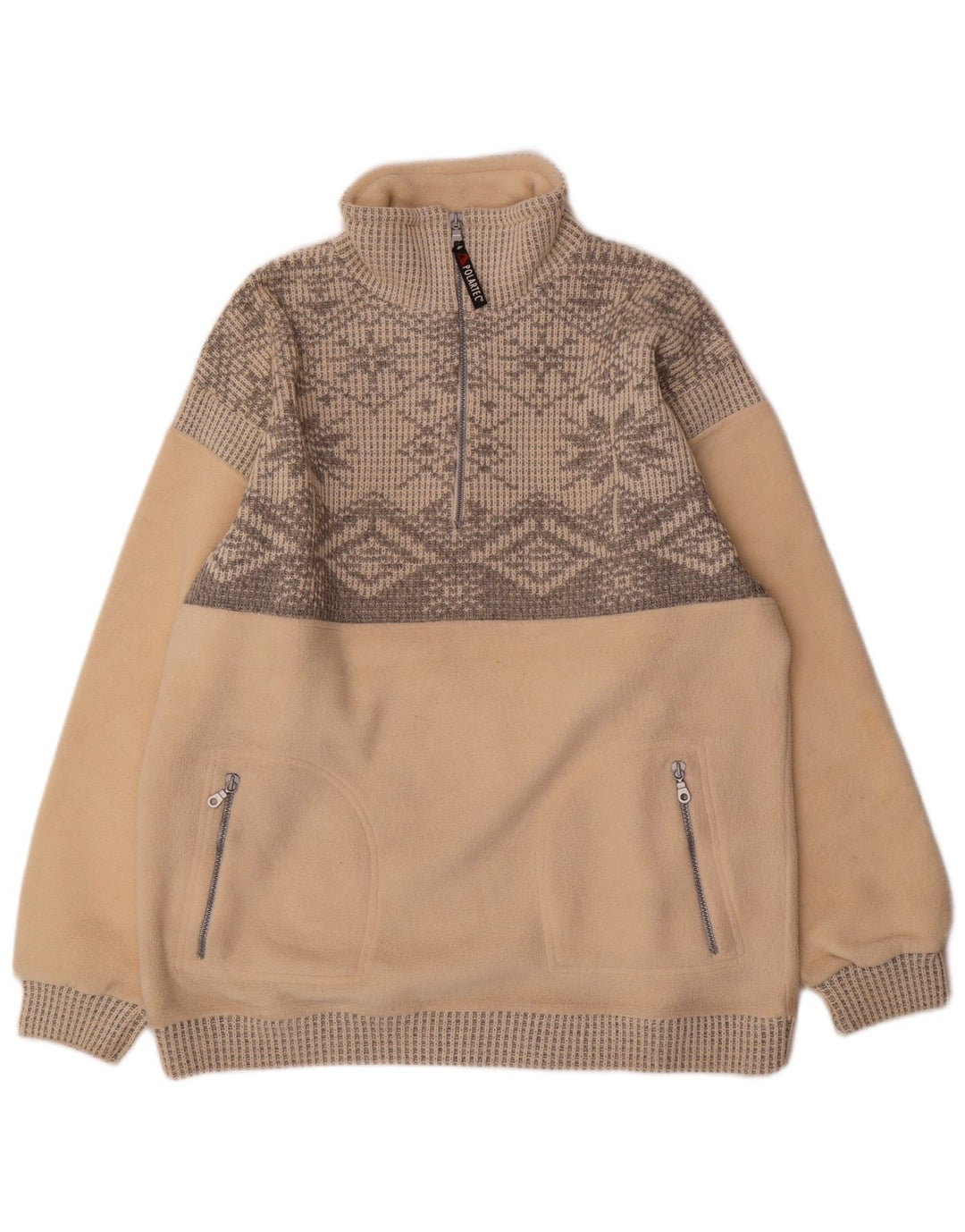 Vintage Herren-Fleecepullover mit Reißverschluss am Hals, groß, Beige, Fair-Isle-Polyester