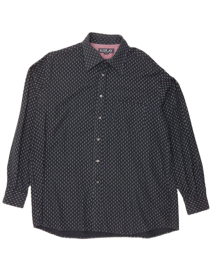 REPLAY Mens Chess Shirt 2XL Navy Blue Geometric Acrylic