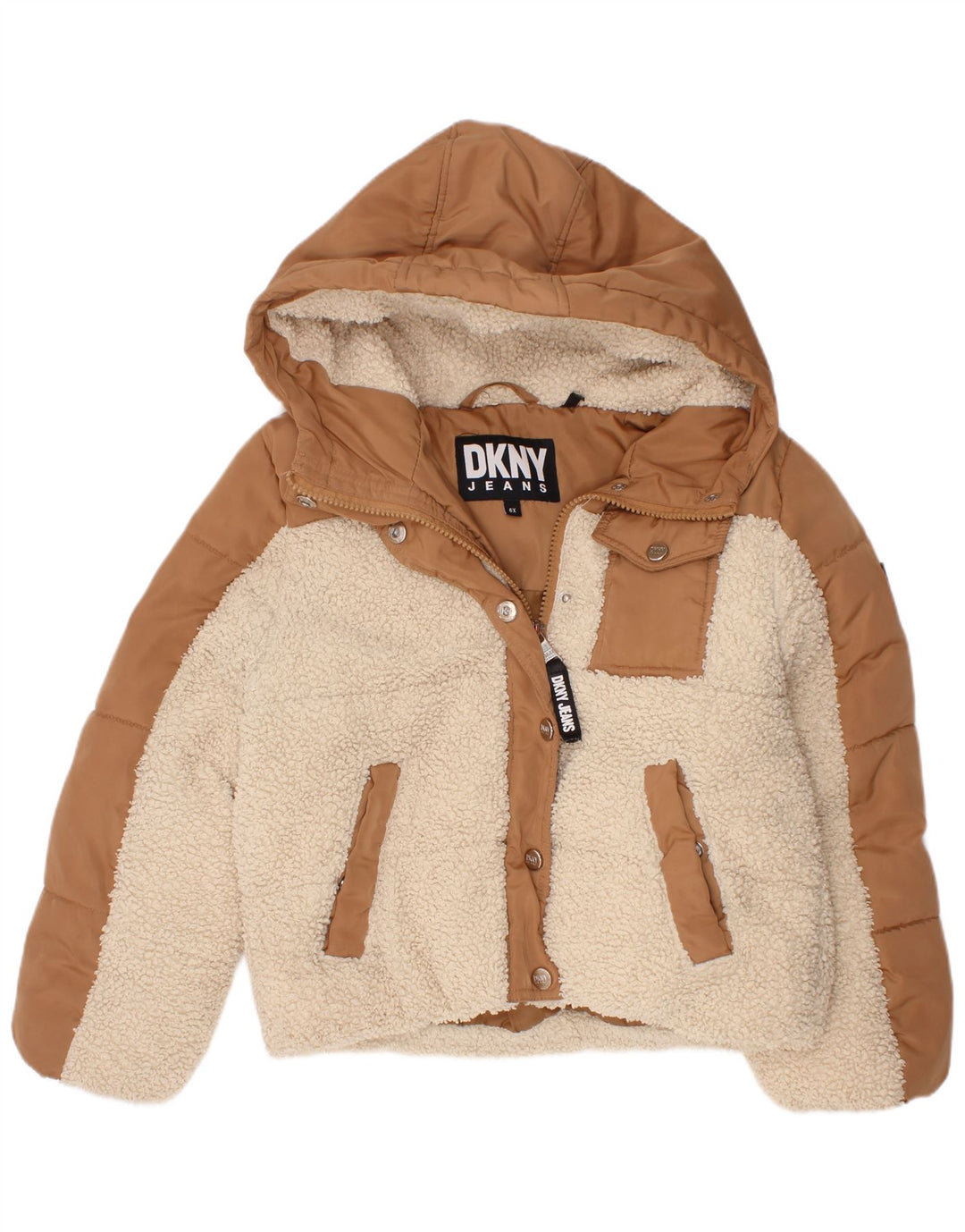 Dkny Wattierte Jacke mit Kapuze für Mädchen, 5–6 Jahre, braunes Colourblock-Polyester