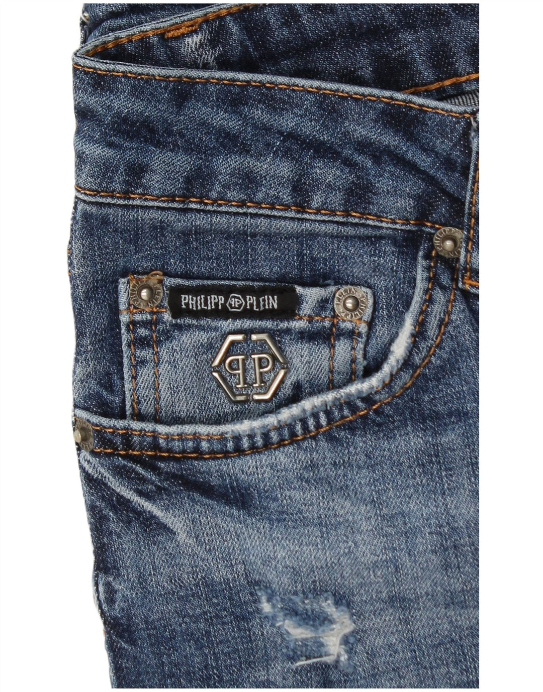 PHILIPP PLEIN Damen Distressed Straight Slim Jeans W28 L30 Blaue Baumwolle