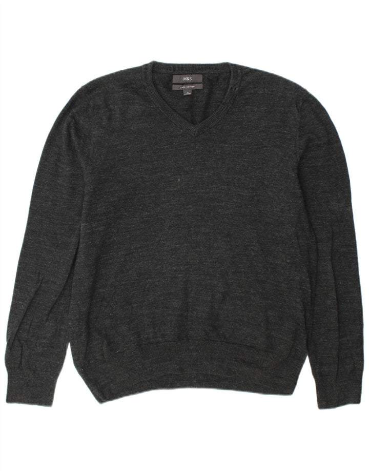 Marks & Spencer Herren-Pullover mit V-Ausschnitt aus mittelgrauer Baumwolle
