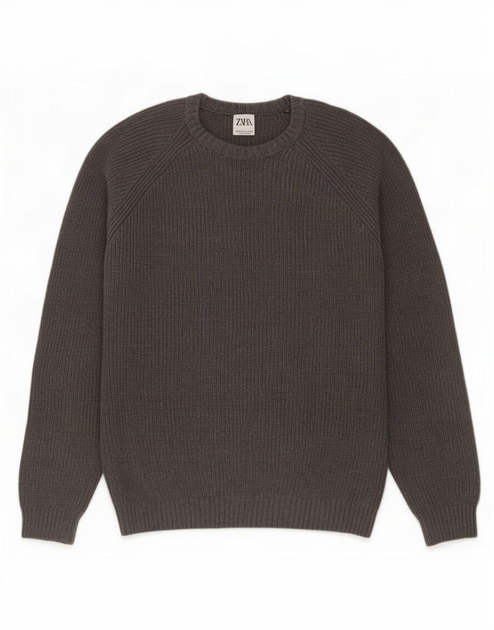 Zara Herren-Pullover mit Rundhalsausschnitt, mittelgraue Baumwolle