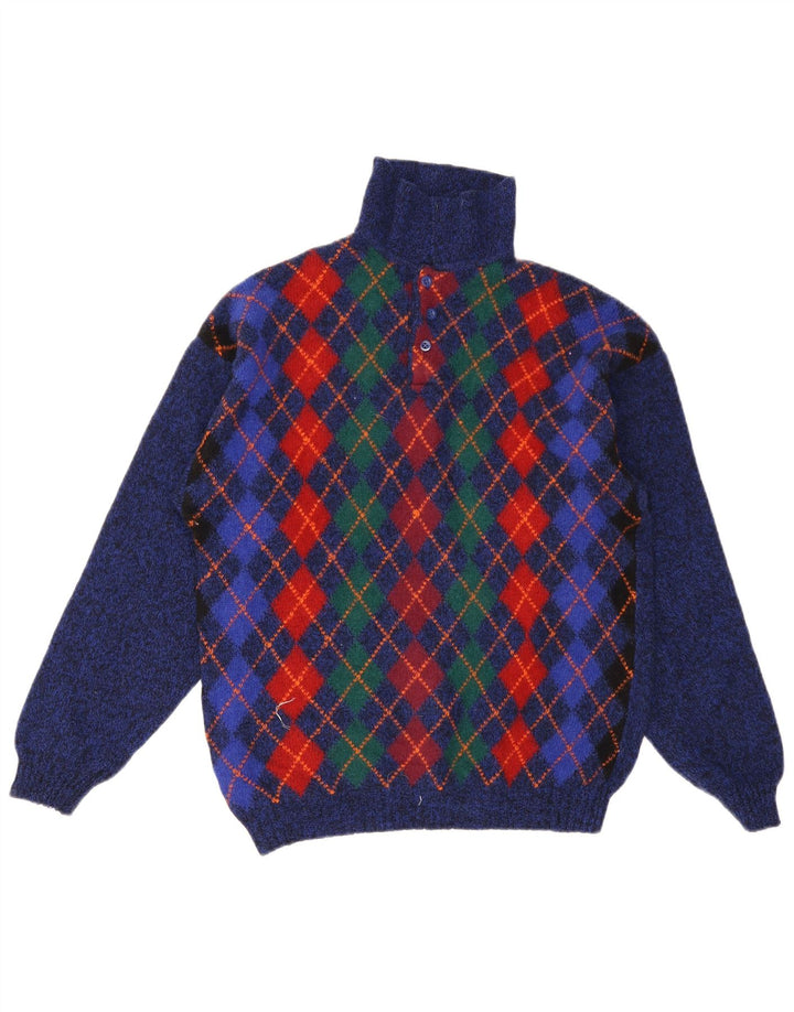 Benetton Herren-Pullover mit Polokragen, IT 48, kleine blaue Argyle-/Diamantwolle