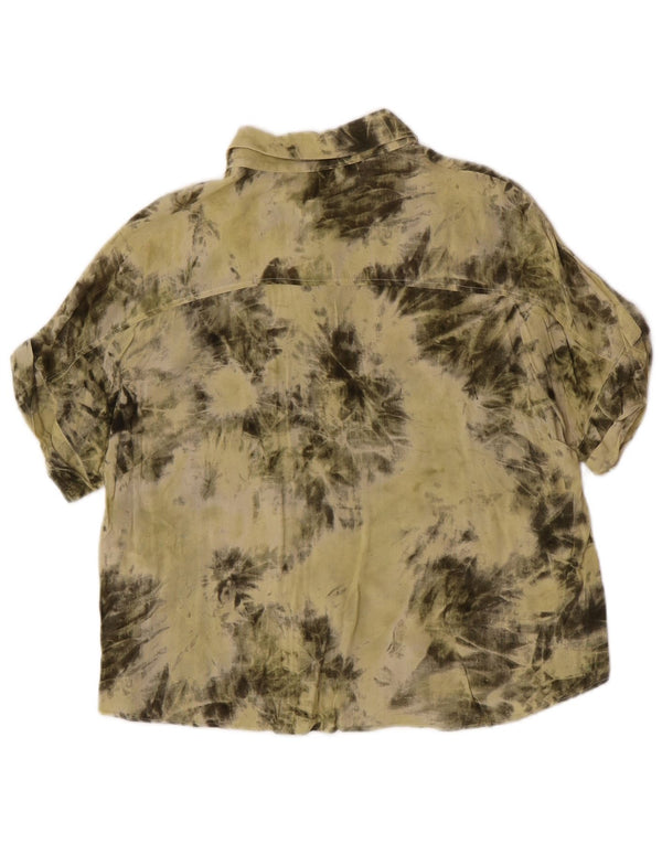 Zara Damen Kurzarm-Hemdbluse UK 14 Medium Khaki Tie Dye Viscose