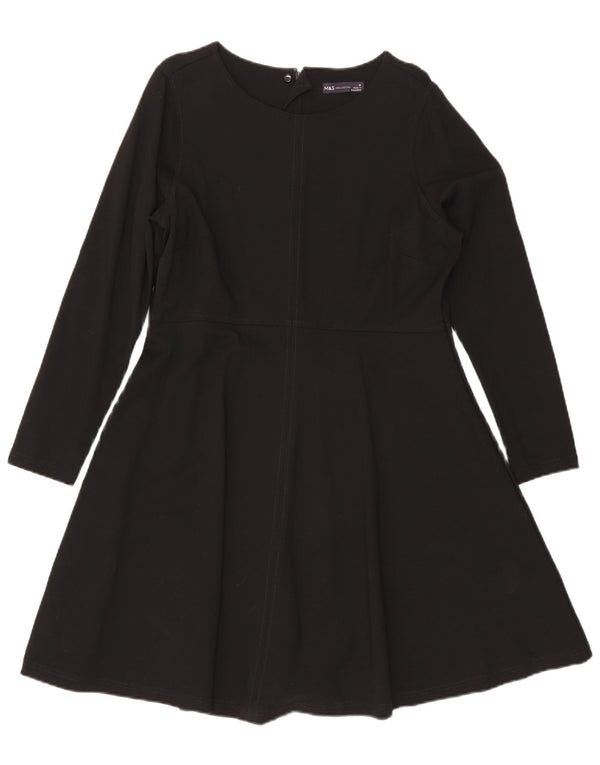 Marks & Spencer Damen Langarm-A-Linien-Kleid UK 18 XL Schwarz Viskose