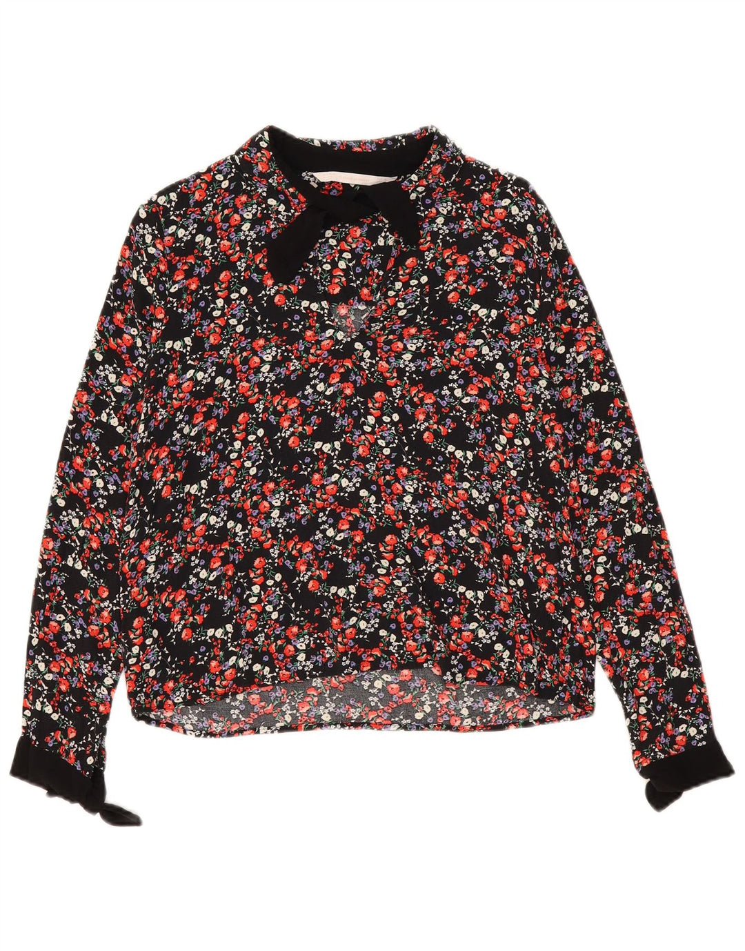 Zara Damen Langarm-Blusenoberteil UK 14 Mittelschwarze Viskose mit Blumenmuster