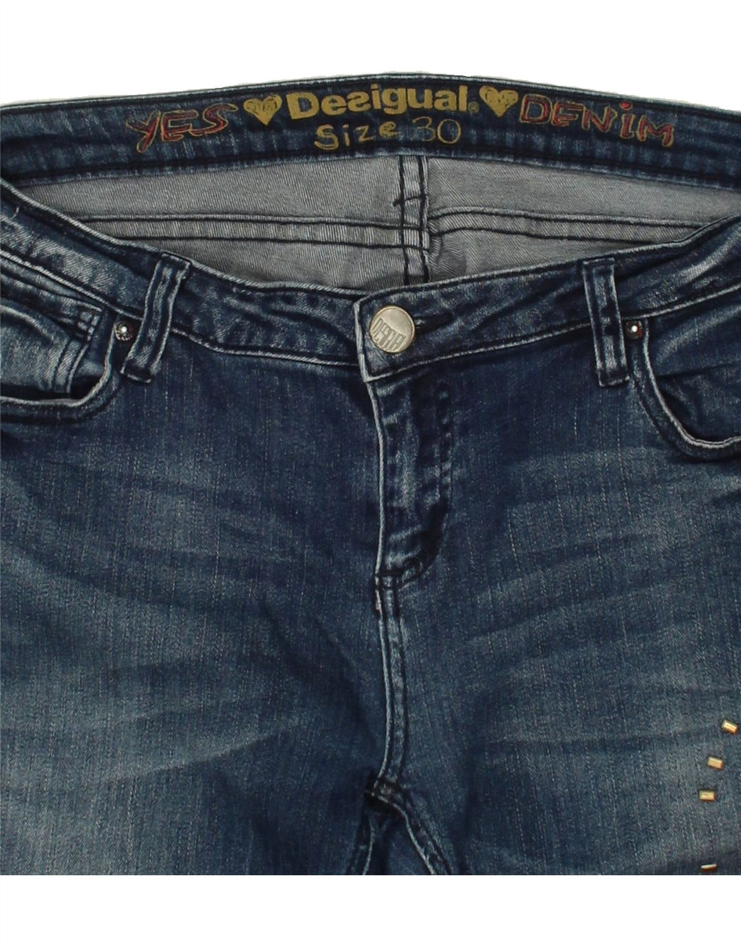 DESIGUAL Womens Graphic Slim Jeans W30 L29 Navy Blue Vintage Desigual and Second-Hand Desigual from Messina Hembry 