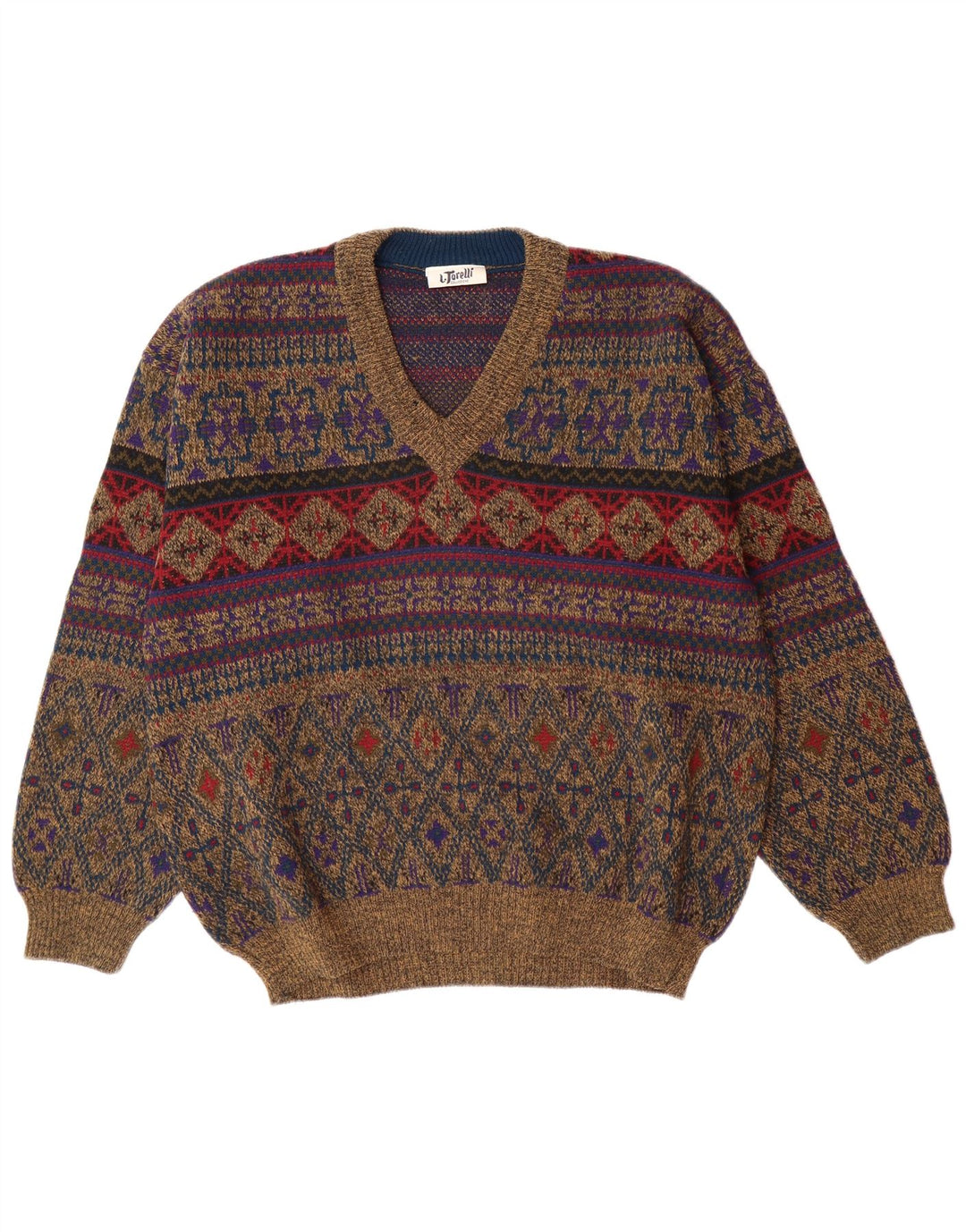 L. TORELLI Herren-Pullover mit V-Ausschnitt IT 48 Medium Mehrfarbig Fair Isle