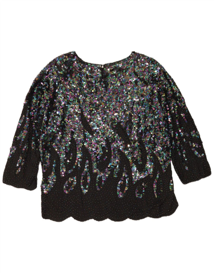 Vintage Damen Bluse mit 3/4-Ärmeln und Pailletten, EU 48, 2XL, schwarze Seide