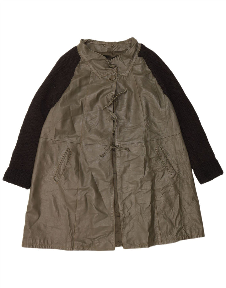 Vintage Damen Übergroßer Ledermantel IT 40 Kleines grünes Colourblock-Leder