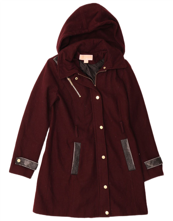 MICHAEL KORS Womens Hooded Overcoat UK 10 Small Burgundy Wool