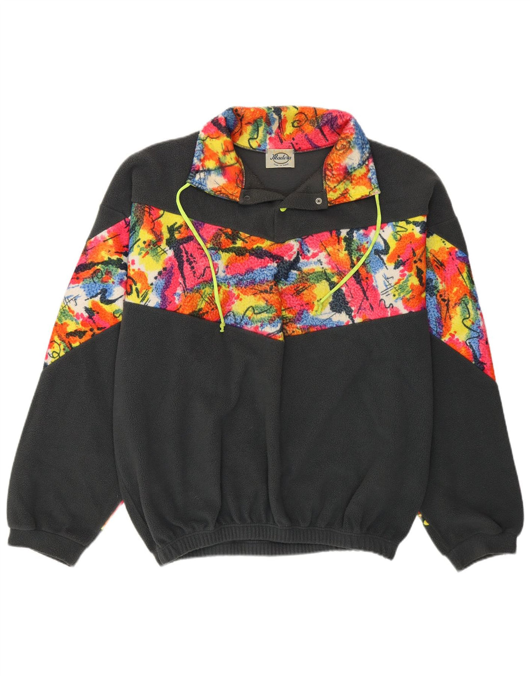 VINTAGE Herren-Fleecepullover mit Knopfkragen, XL, graues Farbblock-Polyester