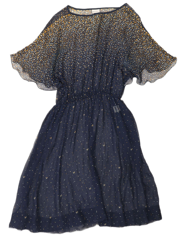 VINTAGE Damen Fledermaus-Maxikleid UK 18 XL Marineblau gepunktetes Acetat