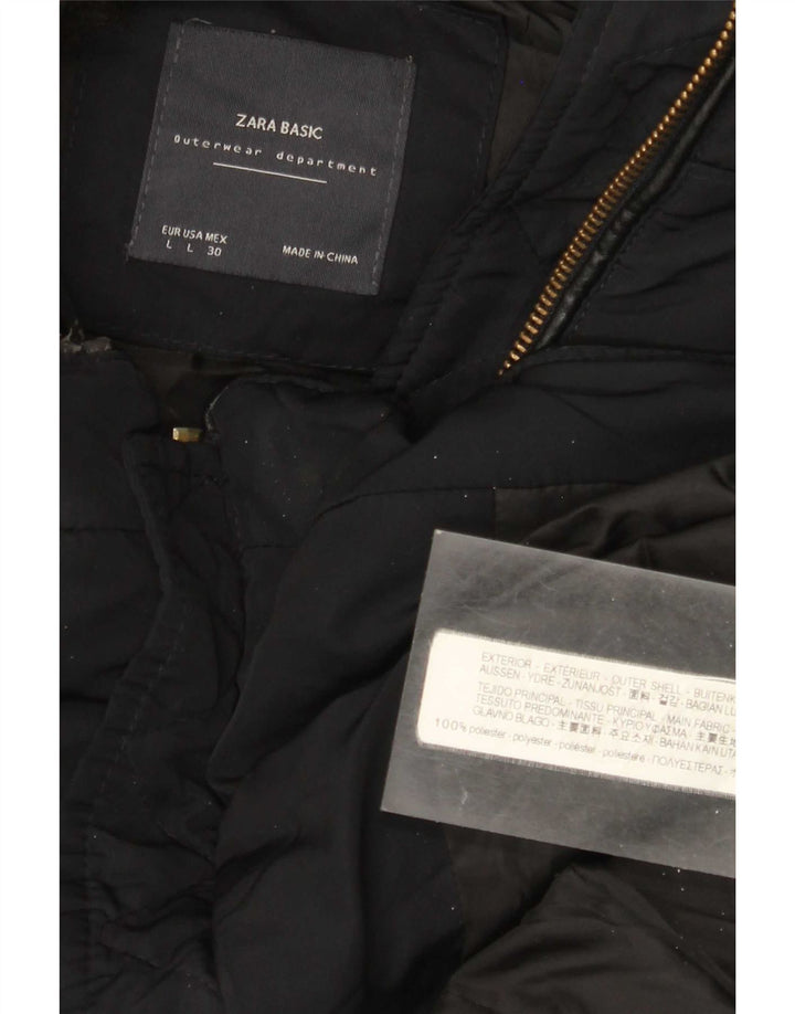 Zara Damen Crop Hooded Wattierte Jacke UK 16 Large Schwarz Polyester
