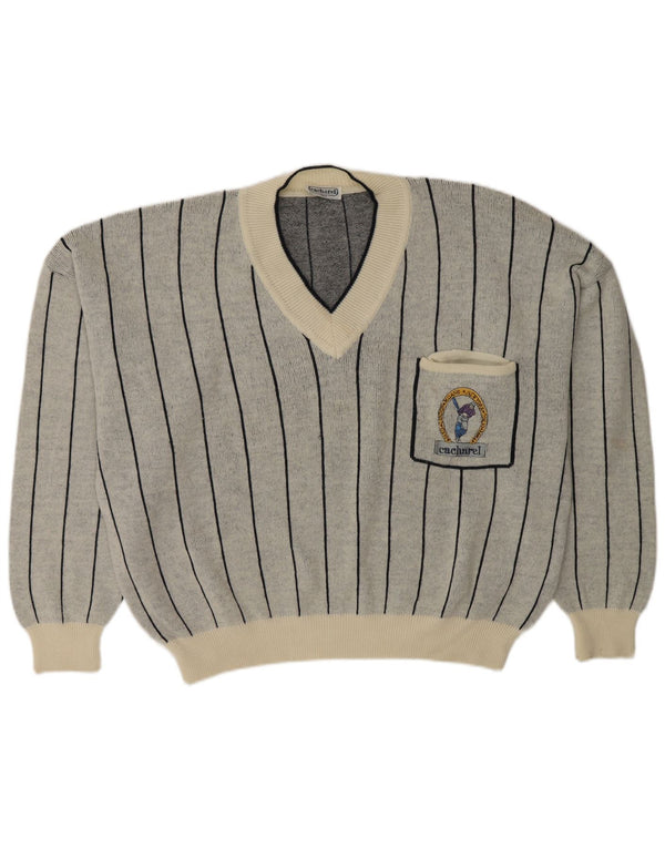 Cacharel Womens V-Neck Jumper Sweater UK 18 XL Grey Striped Wool