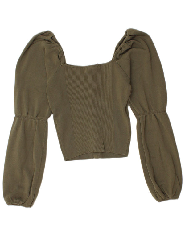 Zara Damen Langarm Crop Off Shoulder Top UK 8 Small Khaki Nylon