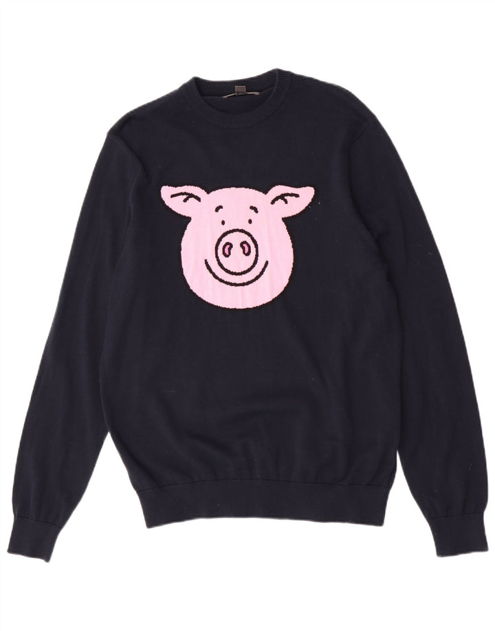 Marks & Spencer Herren-Pullover mit Rundhalsausschnitt, mittleres Marineblau mit Tiermuster
