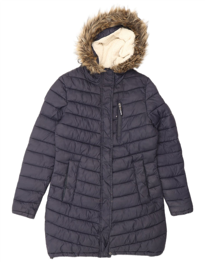 SUPERDRY Wattierter Damenmantel mit Kapuze, UK 14, mittelmarineblaues Nylon