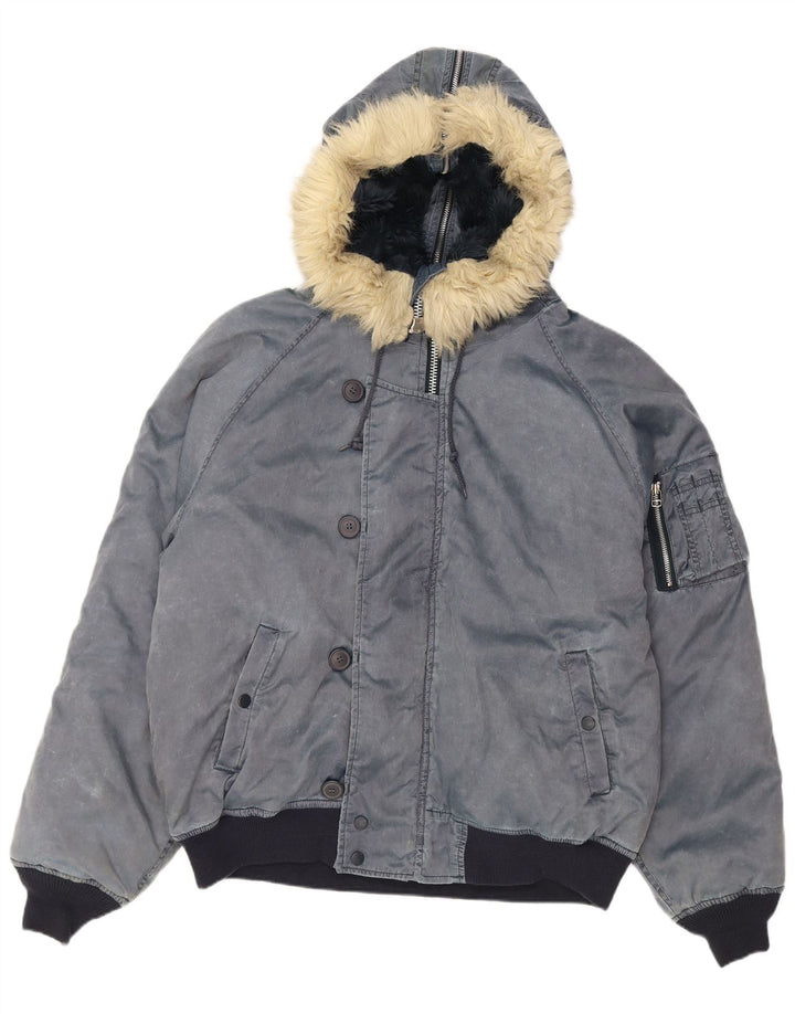 Vintage Herren Bomberjacke mit Kapuze UK 42 XL Marineblau Polyamid