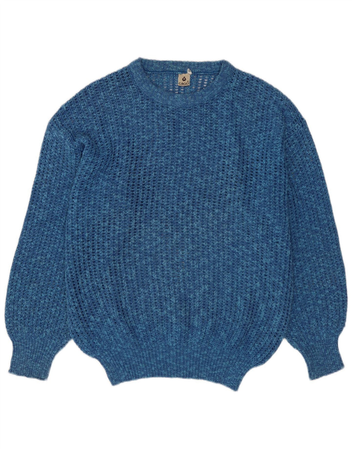 VINTAGE Herren-Pullover mit Rundhalsausschnitt, mittelblau gesprenkelte Baumwolle