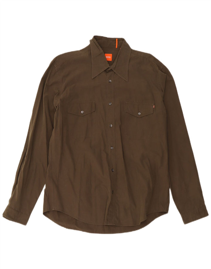 Hugo Boss Herrenhemd, groß, Khaki, Baumwolle