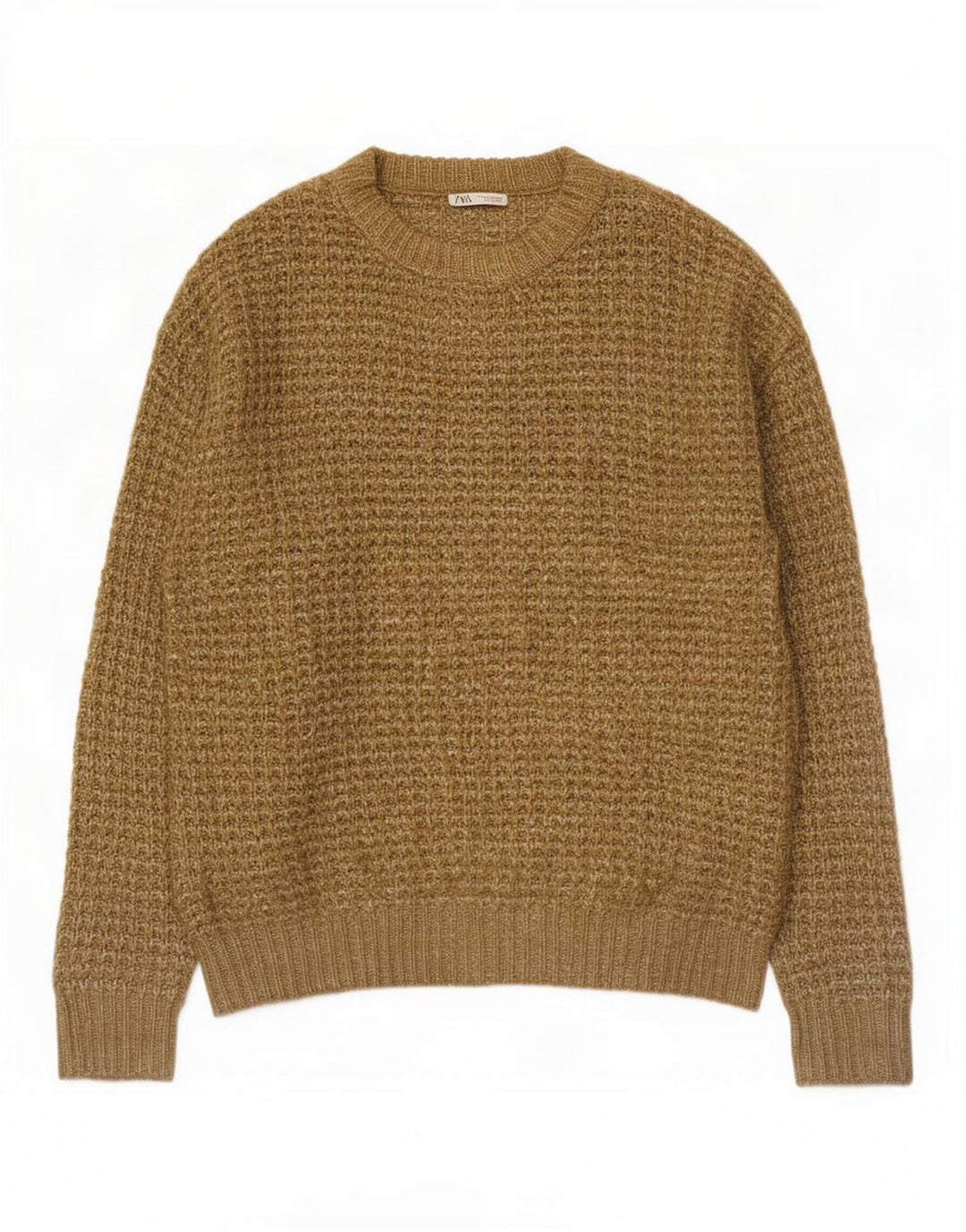 Zara Herren-Pullover mit Rundhalsausschnitt, großes Khaki-meliertes Polyester