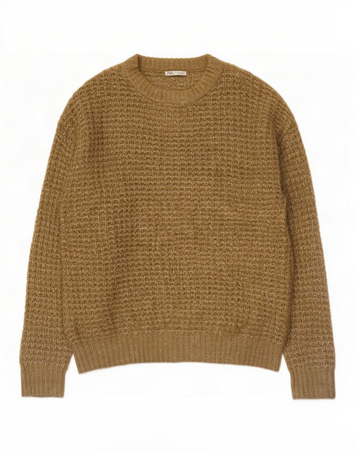 Zara Herren-Pullover mit Rundhalsausschnitt, großes Khaki-meliertes Polyester