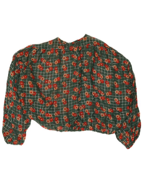 Vintage Damen Oversized Crop Bluse Top UK 14 Mittelgrün geblümt
