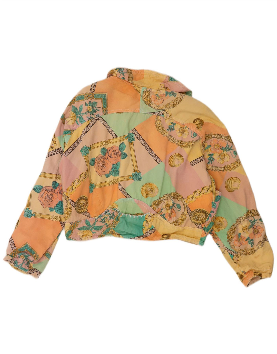 Vintage Damen Crop Bomberjacke UK 12 Medium Mehrfarbige Blumenbaumwolle