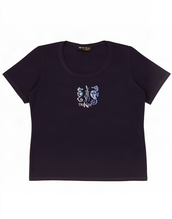 Perte by Krizia Damen Grafik-T-Shirt-Oberteil UK 17 Large Marineblaue Viskose