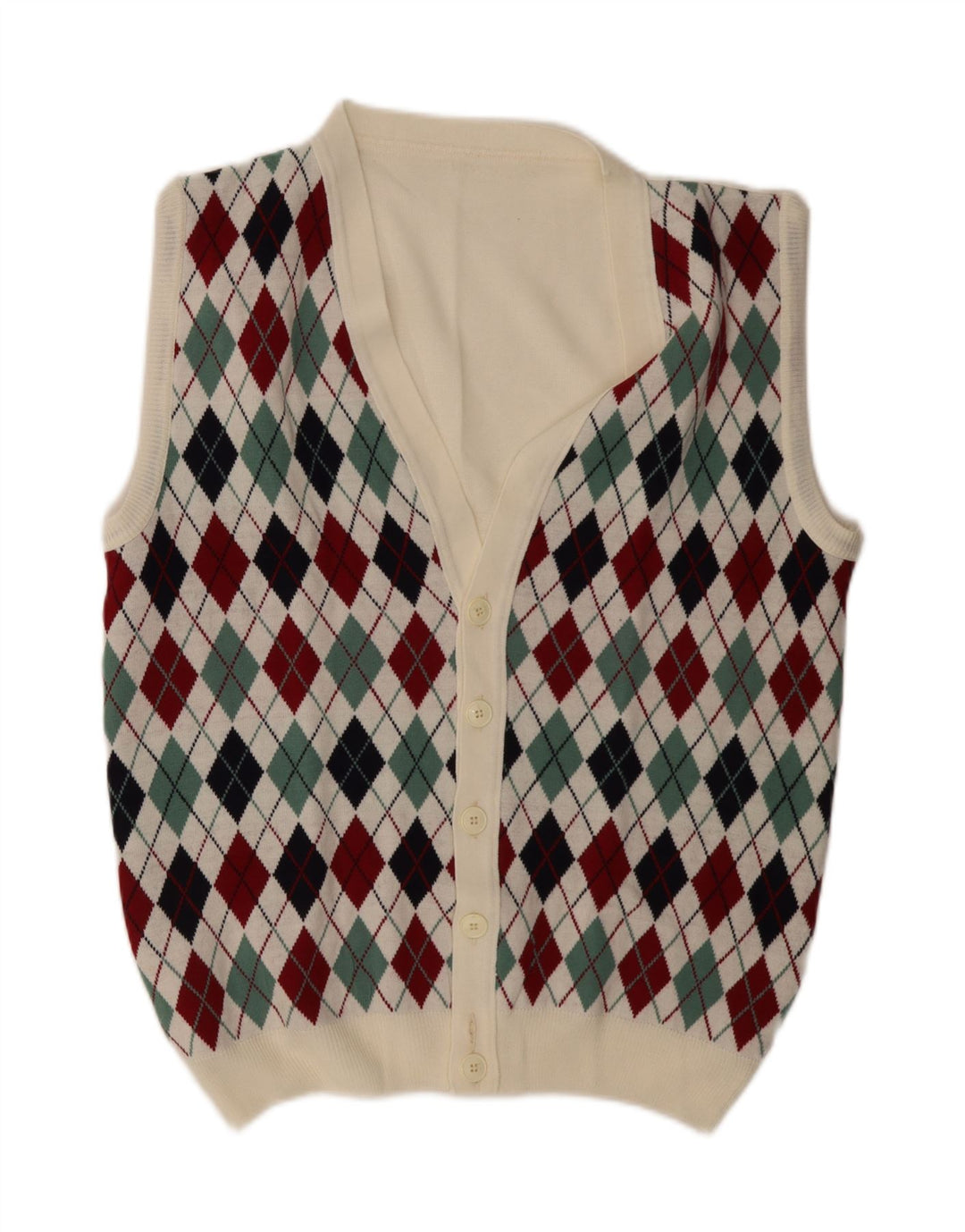 Vintage Herren Ärmelloser Cardigan Pullover Groß Weiß Argyle/Diamant